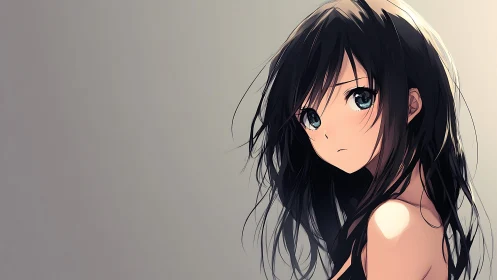 Melancholic anime girl with long dark hair on gray backdrop.