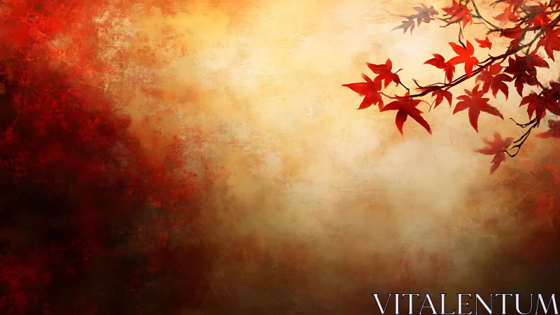 Crimson maple leaves drifting across warm abstract sky.