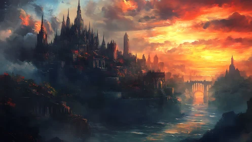 Ember-touched citadel rising above a river of fading light.