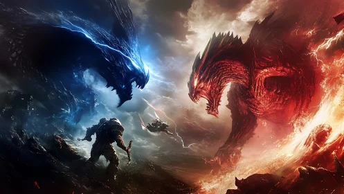 Colossal elemental dragons clash over armored warriors in storm