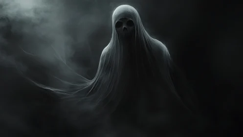 Translucent spectral figure emerging within dense dark mist.