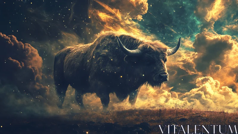 Celestial bison strides through glowing cosmic storm clouds.