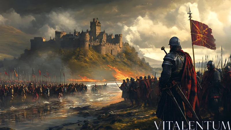 Medieval army storms burning riverside fortress at dusk.