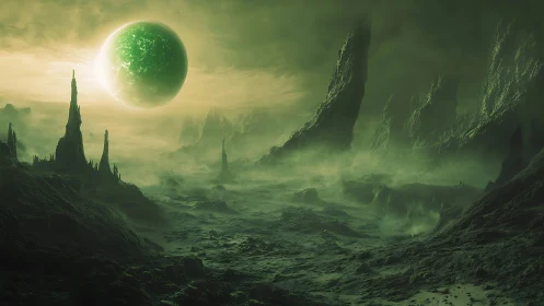 Emerald moonrise above toxic spires on alien dusk frontier.