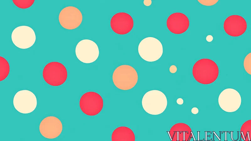 Polka dot pattern with red, cream and peach circles on teal.