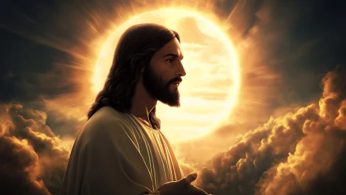 Radiant haloed figure in golden backlight amidst clouds.