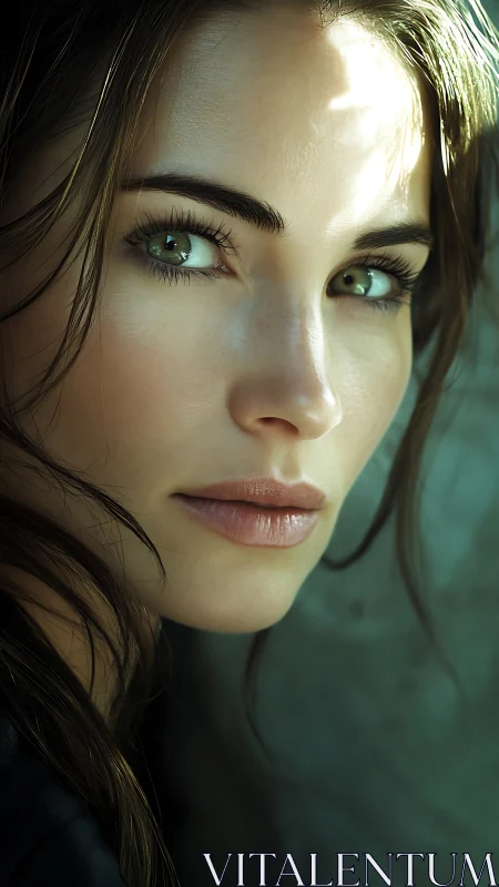Photorealistic close-up portrait with emerald reflective eyes.