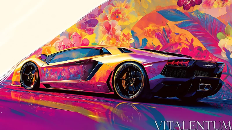 Neon supercar with tropical floral backdrop in motion.