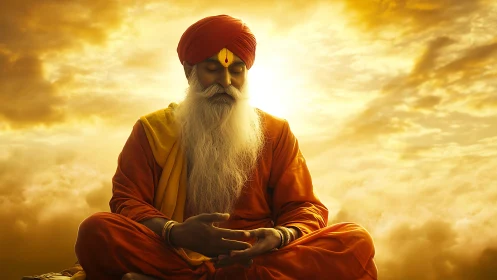 Golden sky meditation with serene sage in soft sunlight.