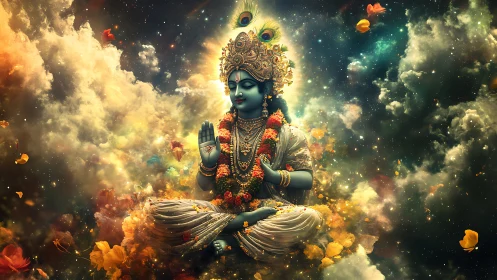 Celestial blue deity resting in clouds of light and petals.