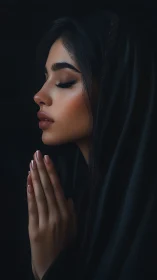 Side profile portrait shows woman with hands held together