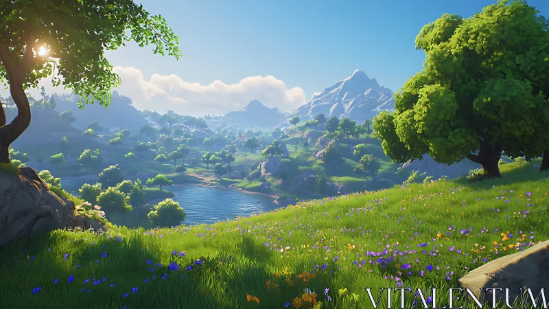 Sunlit game-valley meadow kissing a crystal-blue lake.