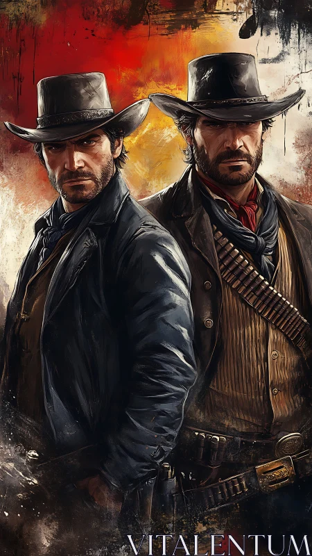 Digital painting of rugged twin cowboys in dramatic chiaroscuro.