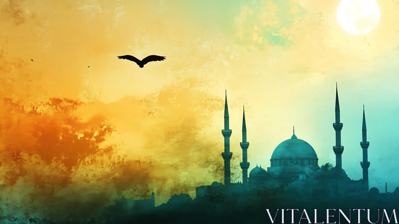 Soaring bird glides above a dreamy skyline at sunset