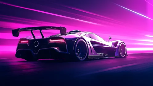 Electric purple supercar races through glowing neon night