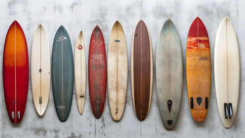 Nine vertically aligned surfboards form an ordered arrangement
