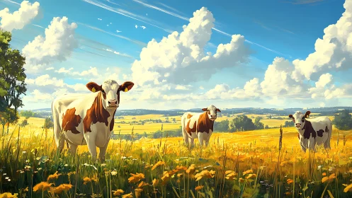 Digital pastoral landscape with cows in luminous meadow light.