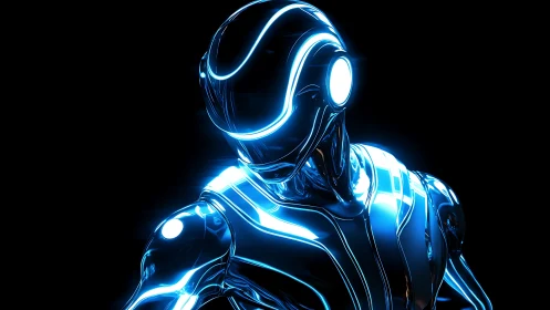 Neon-lit cybernetic humanoid with glowing visor lines.