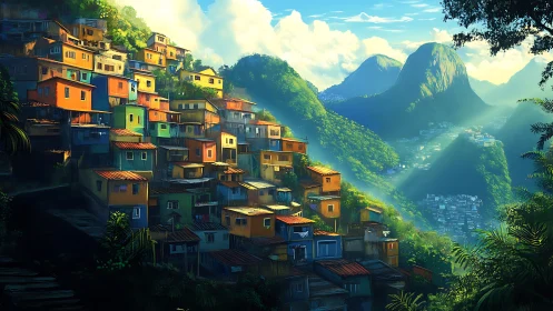 Digital painting of hillside favela with luminous tropical valley.