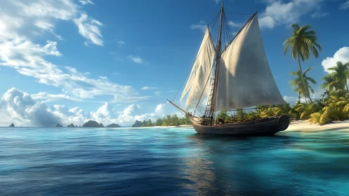 Carvel-rigged schooner off tropical littoral under high cirrus.