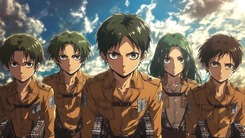 Anime cadet squad in golden light with dramatic sky backdrop.