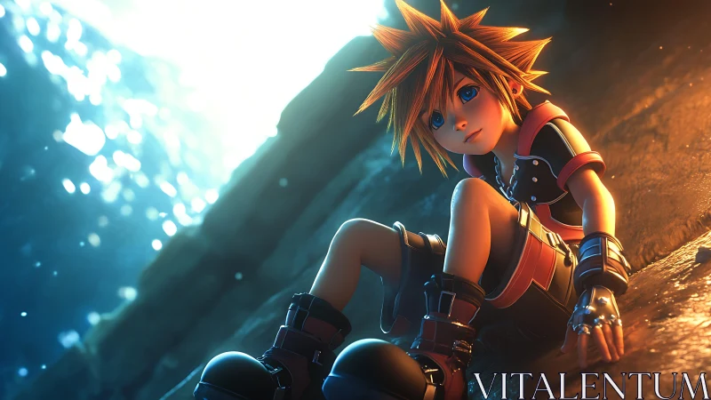 Gentle hero rests by glowing water in a quiet moment.