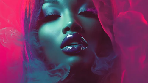 Neon lit portrait renders glossy lips inside swirling vapor