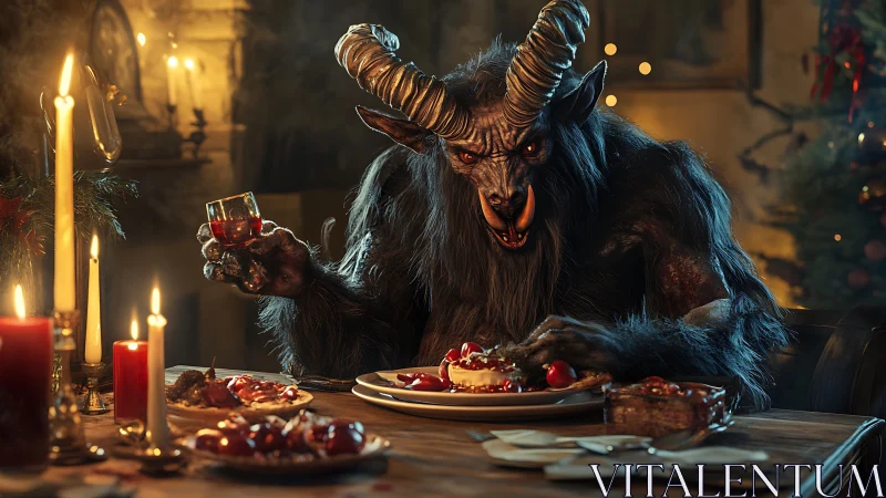 Demonic horned beast savors eerie festive candlelit feast.