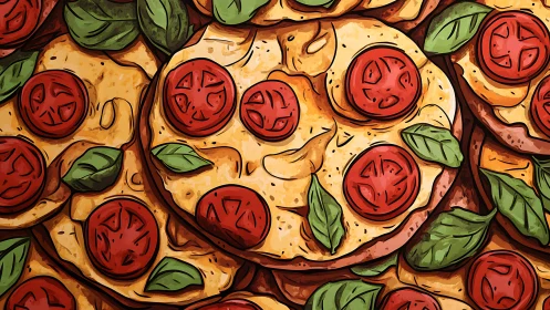 Digital painting of layered margherita pizza pattern composition.