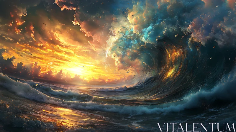 Digital seascape storm with blazing sunset sky and wave vortex.