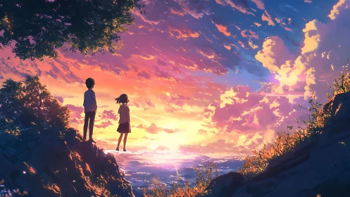 Two teens watch a blazing pastel sunset above the sea