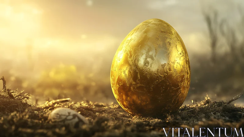 Golden egg glowing softly in a dreamy sunrise meadow.