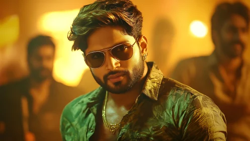 Stylish man in sunglasses under warm nightclub lighting.