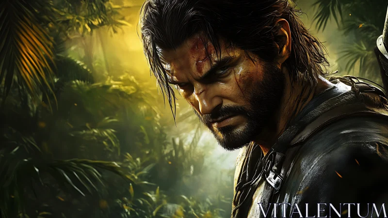 Battle-worn jungle survivor stands strong in golden light