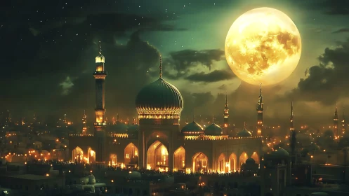 Moonlit domes above a glowing golden mosque at night.
