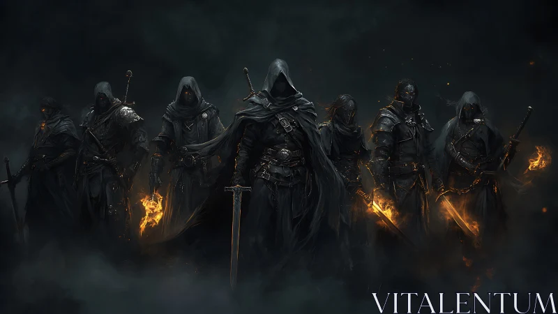 Hooded dark warriors with flaming weapons in formation.