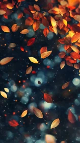 Autumn foliage cascade with bokeh-rich twilight background.