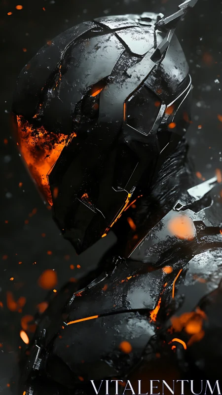 Molten fissures illuminate a fractured black armored figure