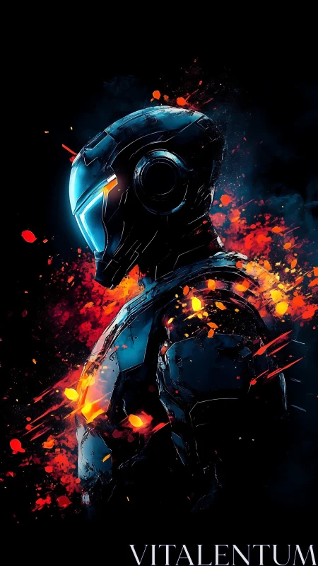 Cybernetic warrior stands in blazing neon embers of battle.