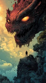 Colossal ember-eyed dragon confronts lone figure on cliff edge