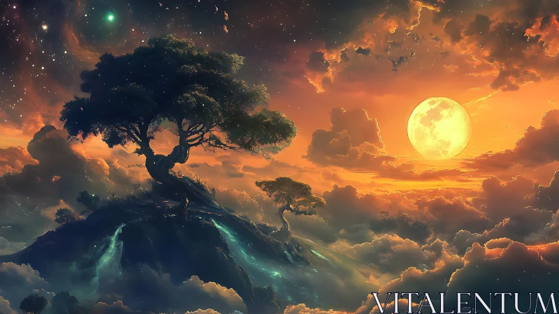 Solitary hilltop tree under enlarged moon and cloud field.