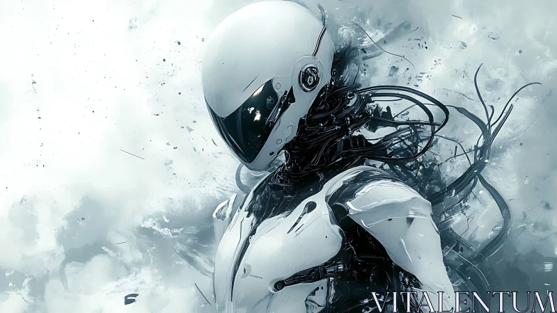 Chrome-clad android dissolving into tangled black cables.