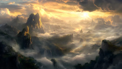 Golden sunrise over misty fantasy mountain valley landscape.