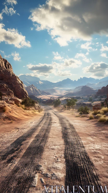 Photoreal desert roadscape with receding tire tracks perspective.