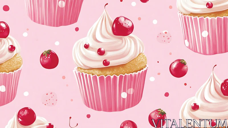 Cherry-Topped Cupcakes Against Pink Background.