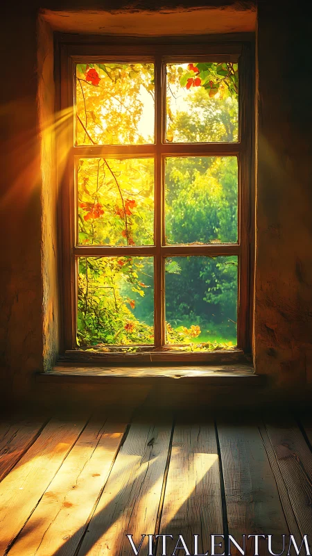 Sunlit wooden floor beneath rustic window frame at dusk.