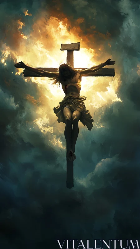 Crucified figure on wooden cross framed by backlit clouds.