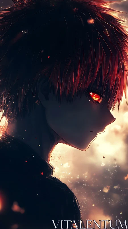 Ember-eyed anime boy stands in glowing, fiery twilight.