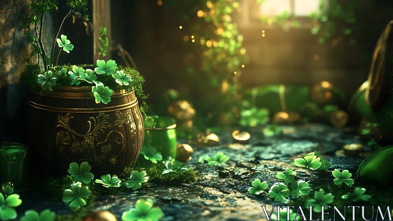 Clover filled gold pot glows in mossy stone chamber light