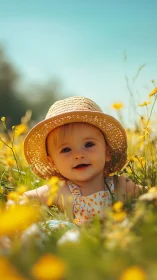 Golden Hour Portrait: Toddler in Straw Hat Amid Yellow Wildflowers Field.